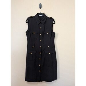 Calvin Klein Black Sleeveless Safari Button Front Dress Gold Buttons Size 12